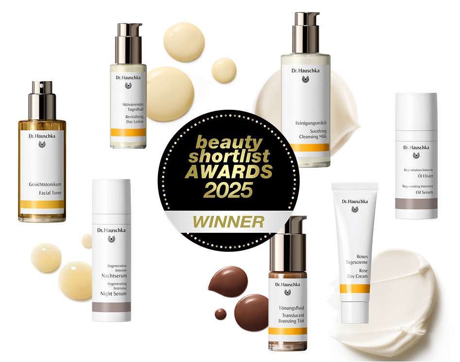 Dr. Hauschka skincare products with a 'Beauty Shortlist Awards 2025 Winner' badge.