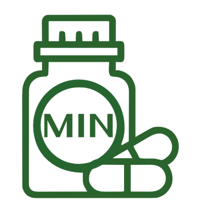 Bottle labeled "Minerals" with two capsules beside it, representing Minerals.