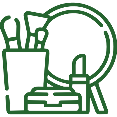 Makeup, Lipstick, Makeup brush and Mirror.