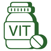 Bottle labeled "Vitamins" with one pill beside it, representing Vitamins.