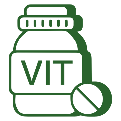 Bottle labeled "Vitamins" with one pill beside it, representing Vitamins.